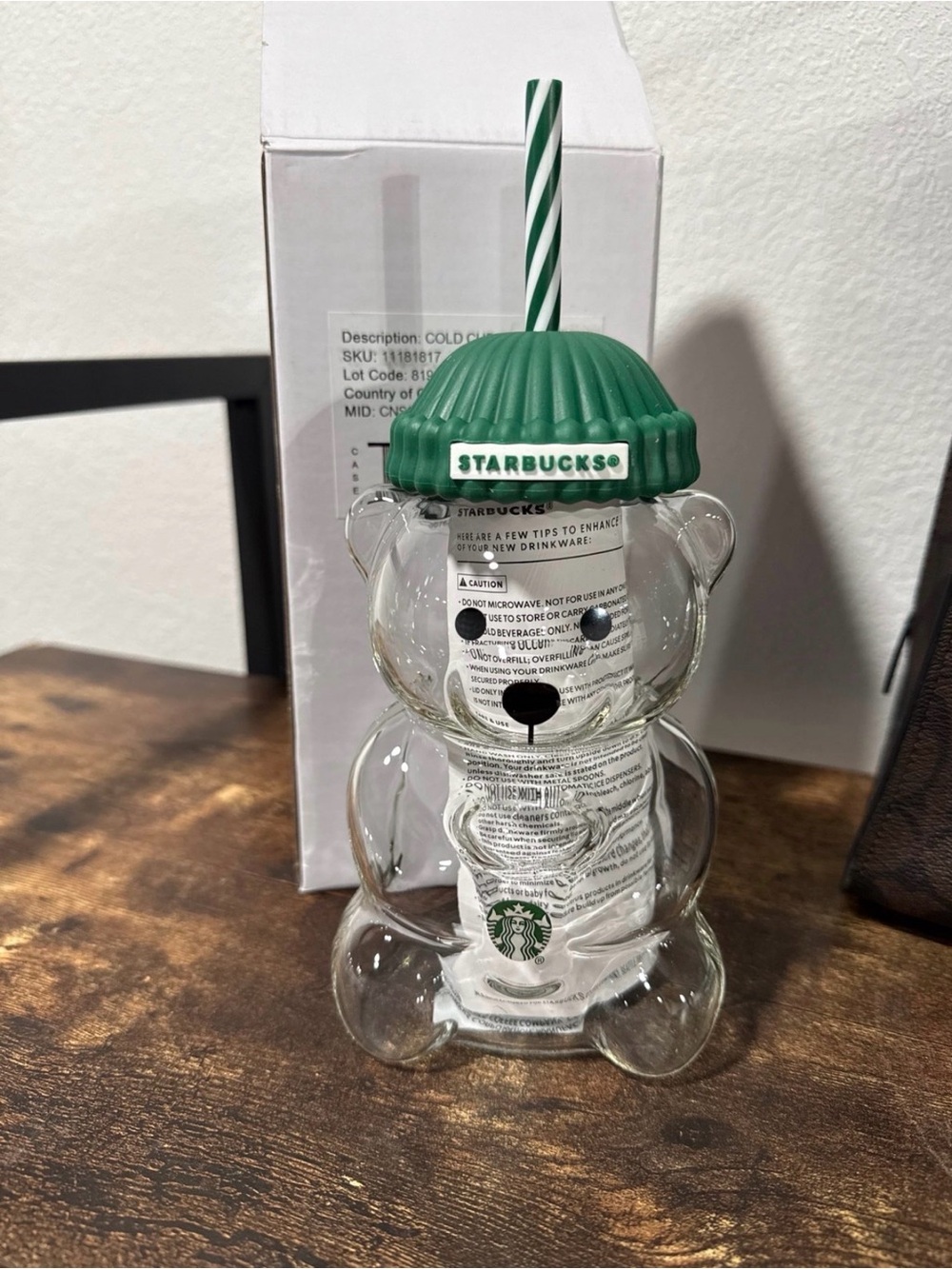 Clear Bear Tumbler with Green Beanie Lid and Striped Straw